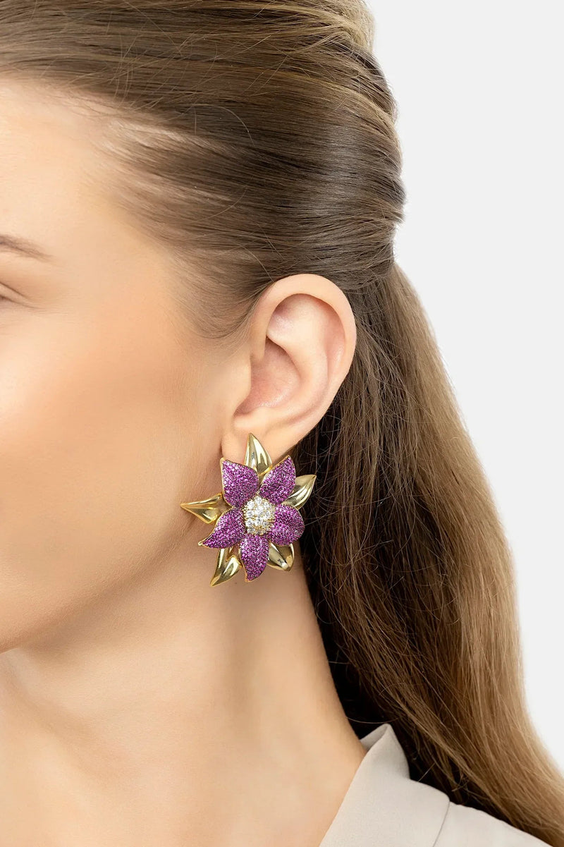 Marguerite Daisy Flower Large Stud Earrings Ruby Gold