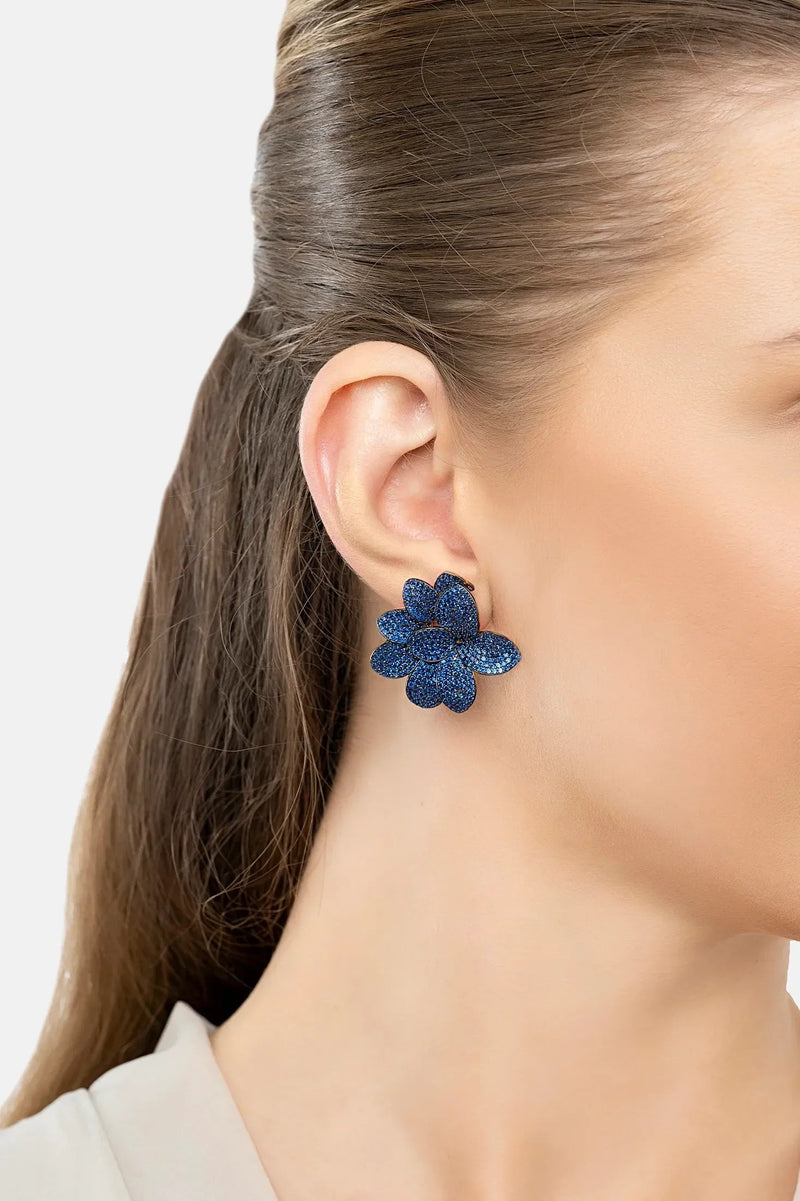 Amaryllis Flower Large Stud Earrings Gold Sapphire
