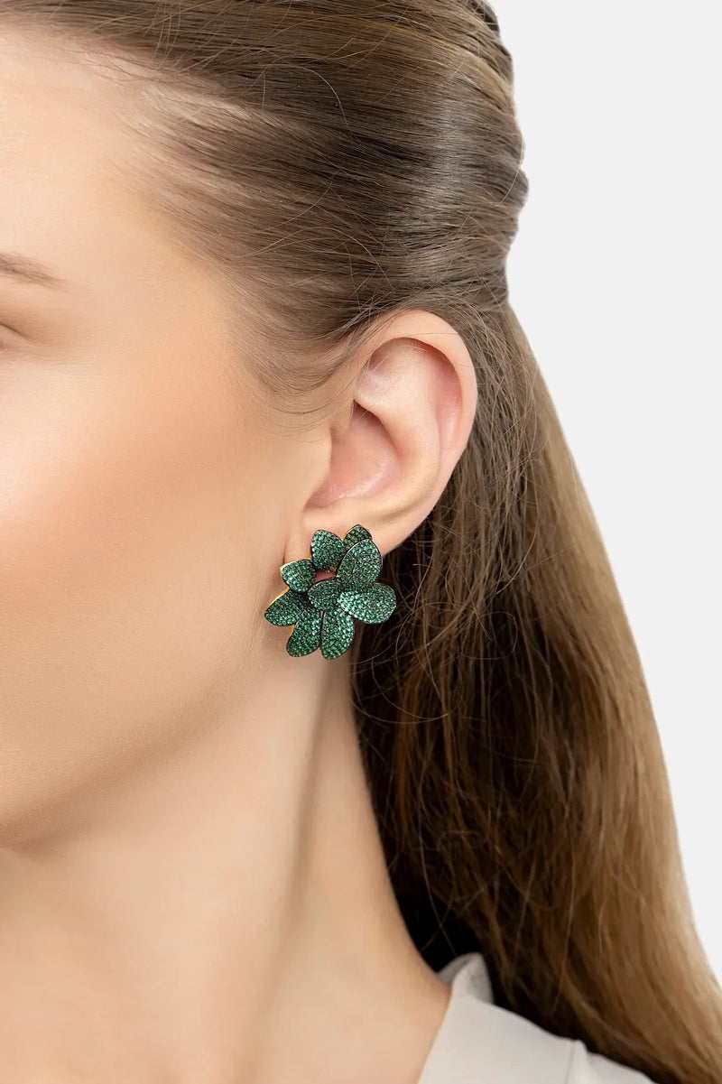 Amaryllis Flower Large Stud Earrings Gold Emerald