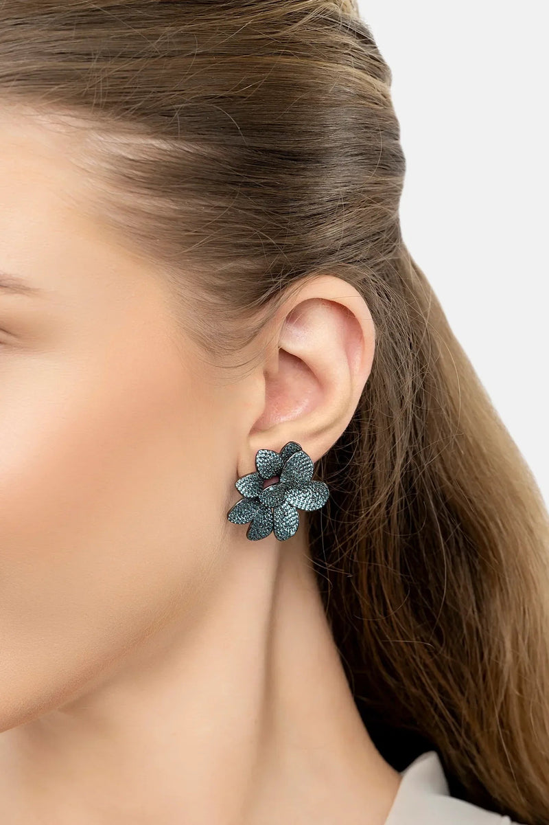Amaryllis Flower Large Stud Earrings Silver Aqua