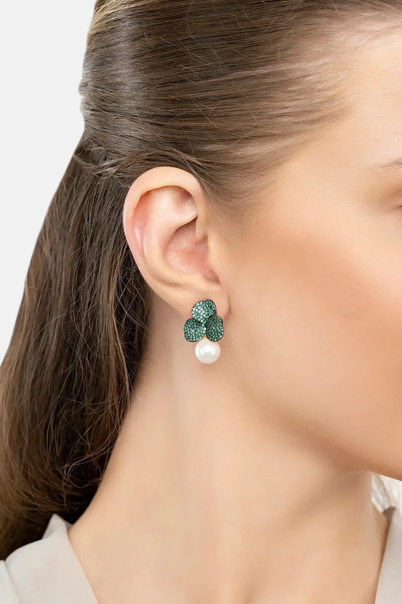 Iris Flower And Pearl Dangle Earrings Emerald Gold