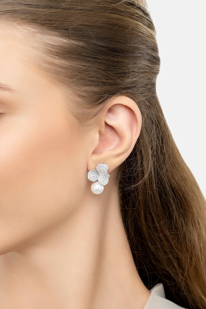 Iris Flower And Pearl Dangle Earrings Silver