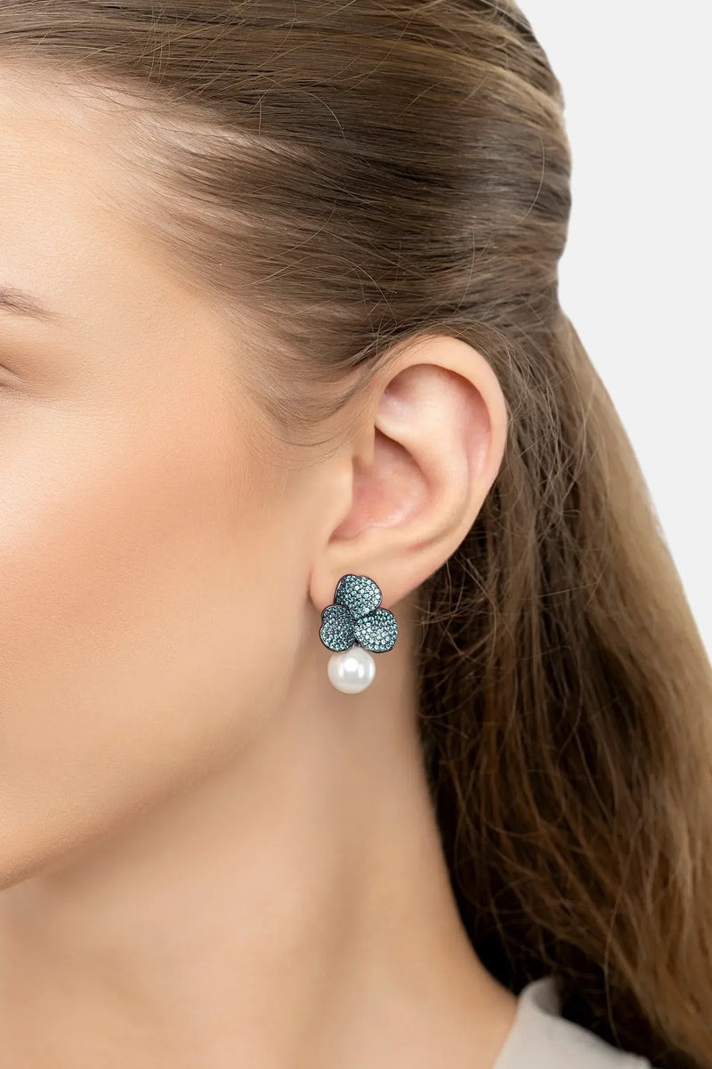Iris Flower And Pearl Dangle Earrings Aqua Silver