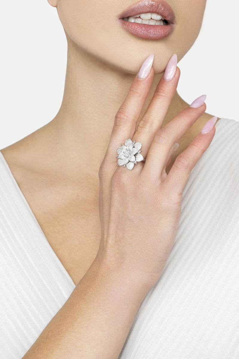 Primrose Flower Cocktail Ring Silver