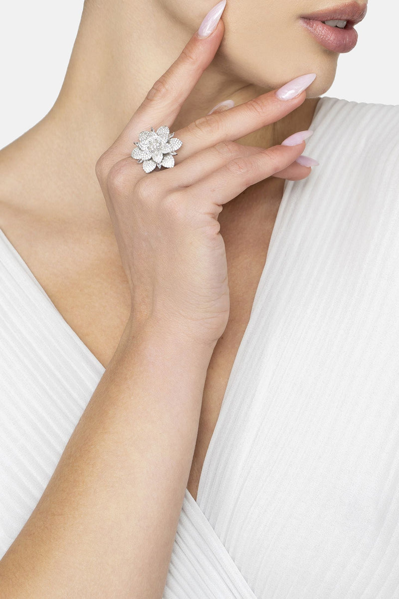 Primrose Flower Cocktail Ring Silver