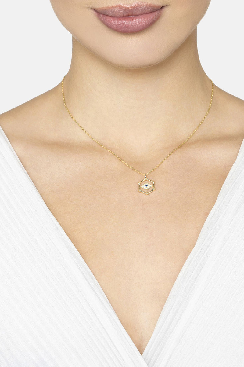Bamboo Hexagon Evil Eye Necklace Gold