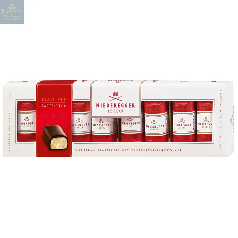 Dark chocolate covered mini marzipan loaves in gift box