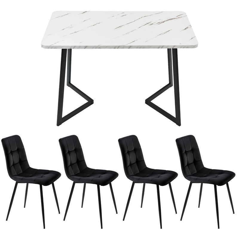 Modern Marble Effect Dining Table Set with 4 Soft Velvet Chairs Black