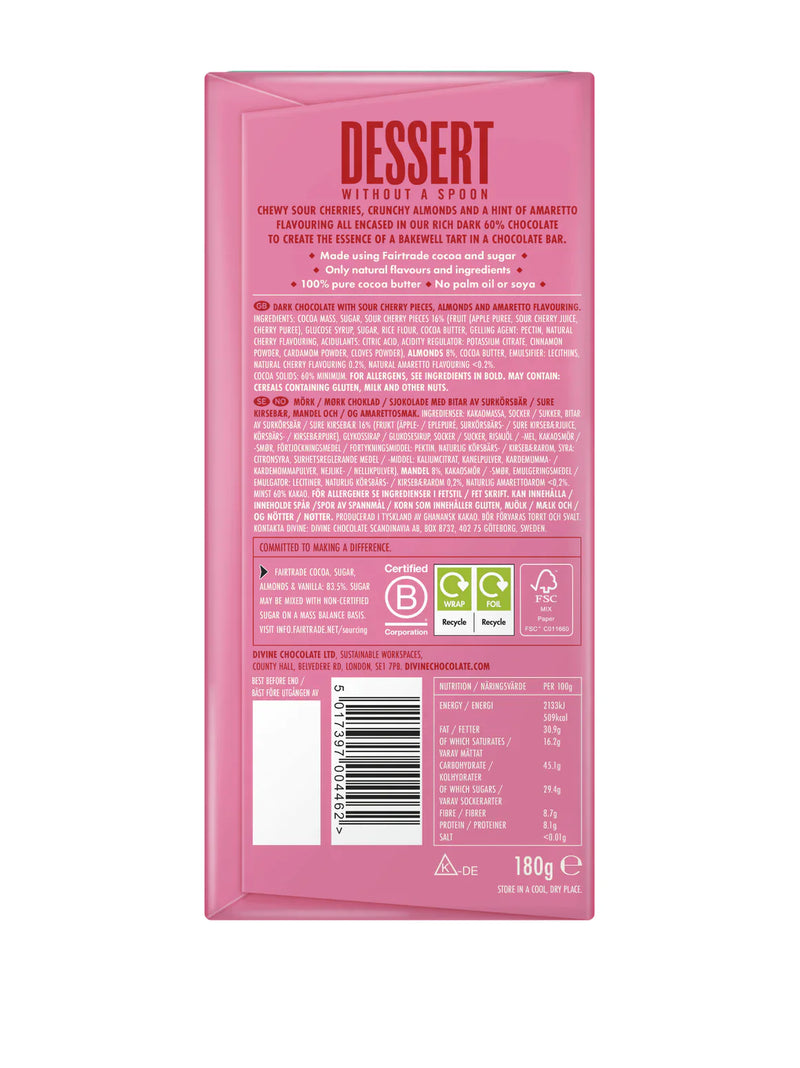 60% Dark Chocolate Bakewell with Cherry & Almond - Divine Chocolate - 180g