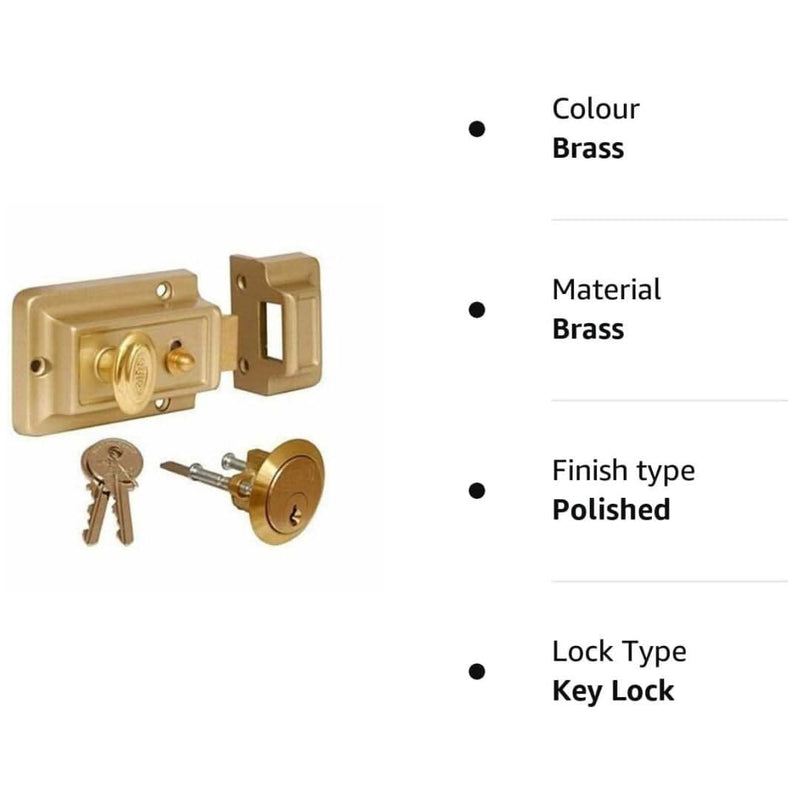 Polished Brass Rim Night Latch Door Lock with 3 Keys