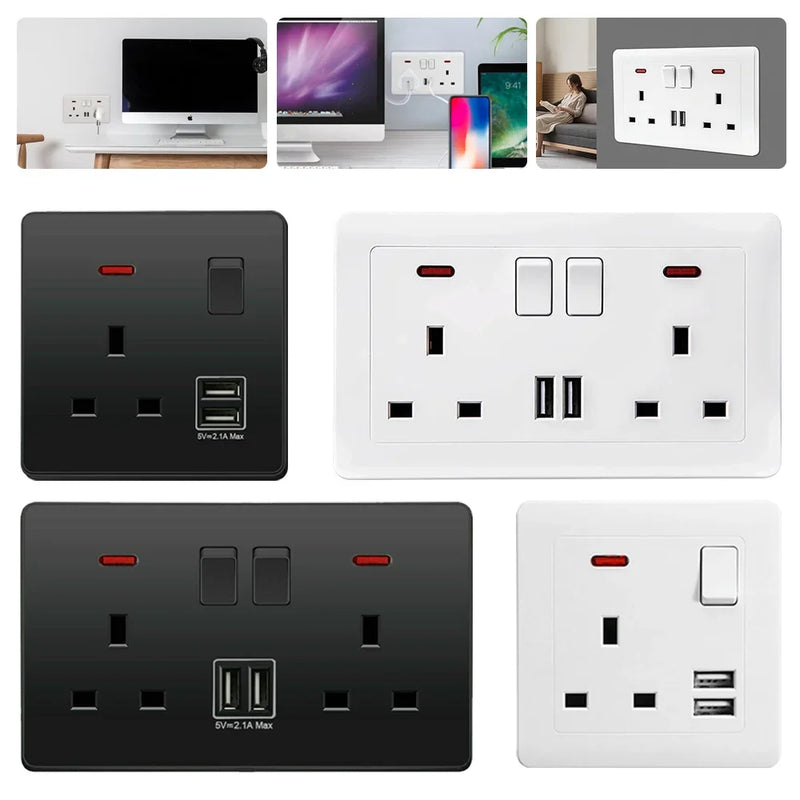 Dual Wall Socket with 2 USB Ports Flat Plate Power Outlet 2 Gang 13A White Black