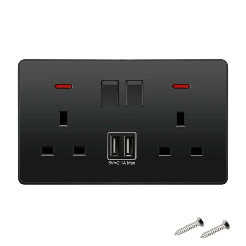 Dual Wall Socket with 2 USB Ports Flat Plate Power Outlet 2 Gang 13A White Black