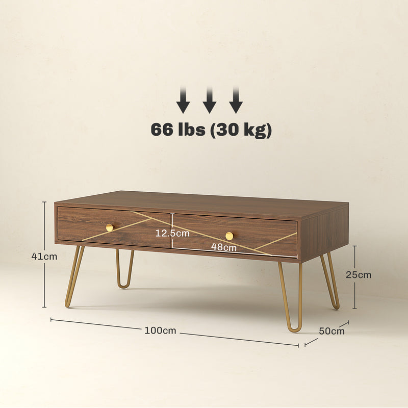 HOMCOM Coffee Table with Drawers, Living Room Table with Steel Base