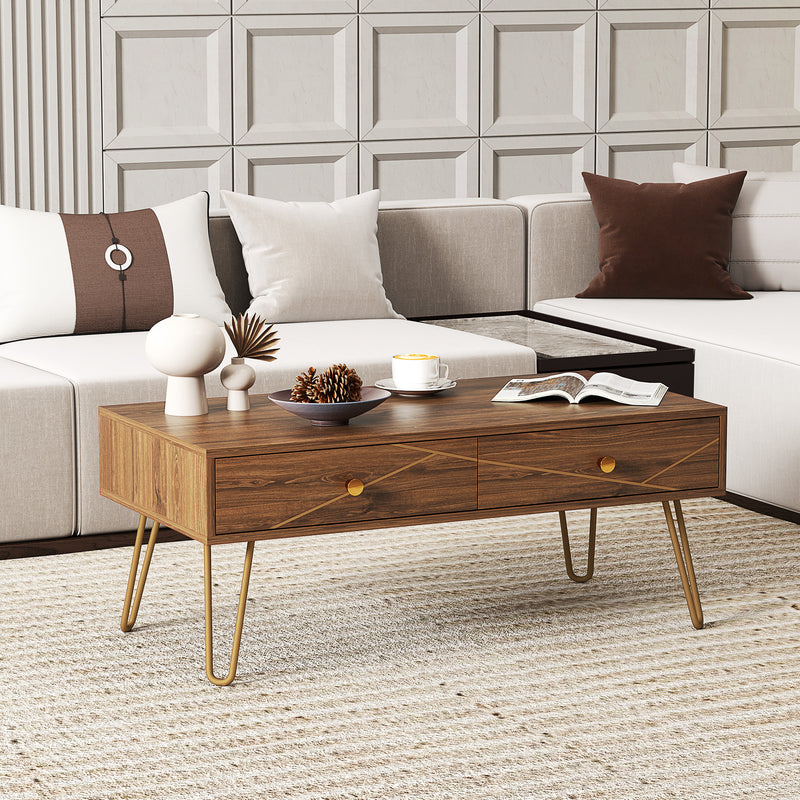 HOMCOM Coffee Table with Drawers, Living Room Table with Steel Base