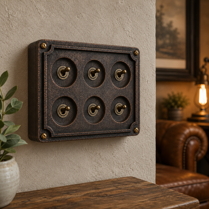6 Gang 2 Way Antique Copper Solid Cast Metal Conduit Light Switch Industrial - BS EN Vintage Crabtree 1950’s Style