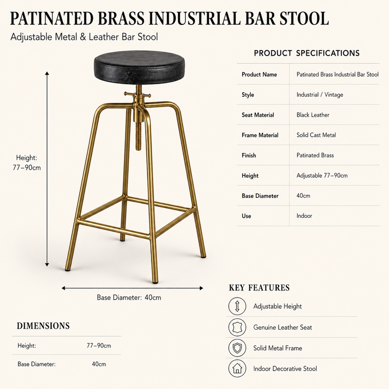 Brass Bar Adjustable Stool Black Leather Top Seat | Vintage Industrial Style