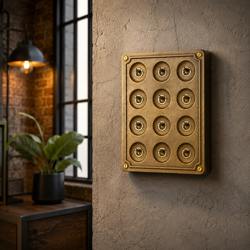 12 Gang 2 Way Bronze Solid Cast Metal Surface Mounting Conduit Light Switch Industrial - BS EN Approved Vintage Crabtree 1950