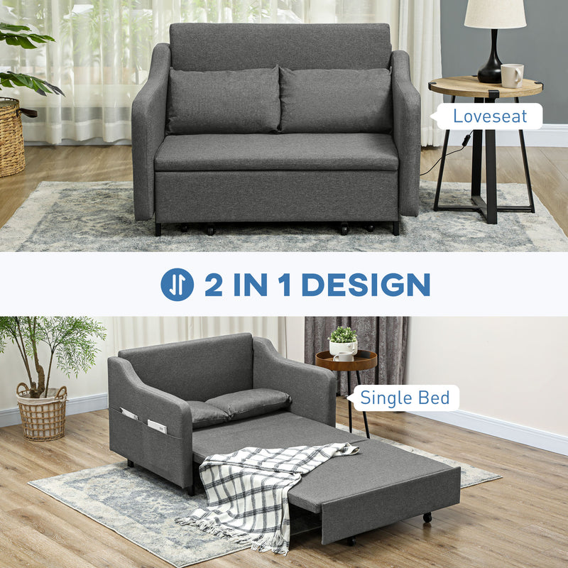 HOMCOM Pull Out Sofa Bed, Fabric 2 Seater Sofa Couch for Living Room, Grey