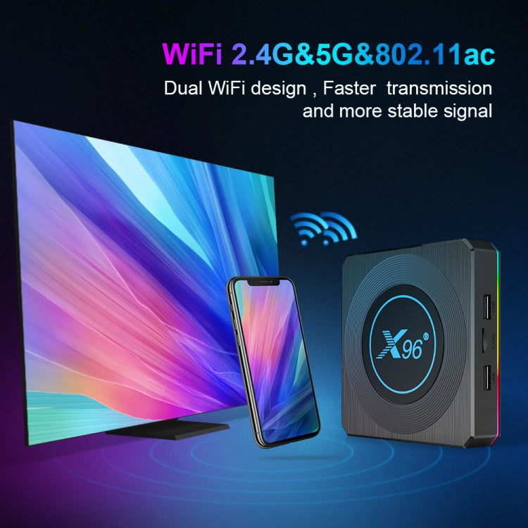 X96 X4 8K Smart TV BOX Android 11.0 Media Player with Remote Control, Amlogic S905X4 Quad Core ARM Cortex A55, RAM: 4GB, ROM: 32GB, Support 1000M, Dual Band WiFi, Bluetooth, EU Plug, 4GB+32GB