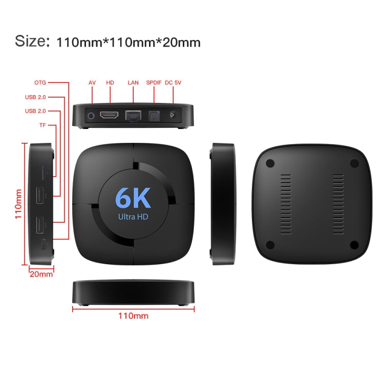 6K UHD Smart TV Box, Android 10.0, Allwinner H616 Quad Core, 2GB+8GB,EU Plug, 2GB+8GB