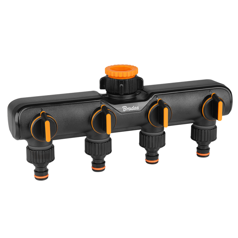 4-Way Tap Splitter Orange/Black with Valves
