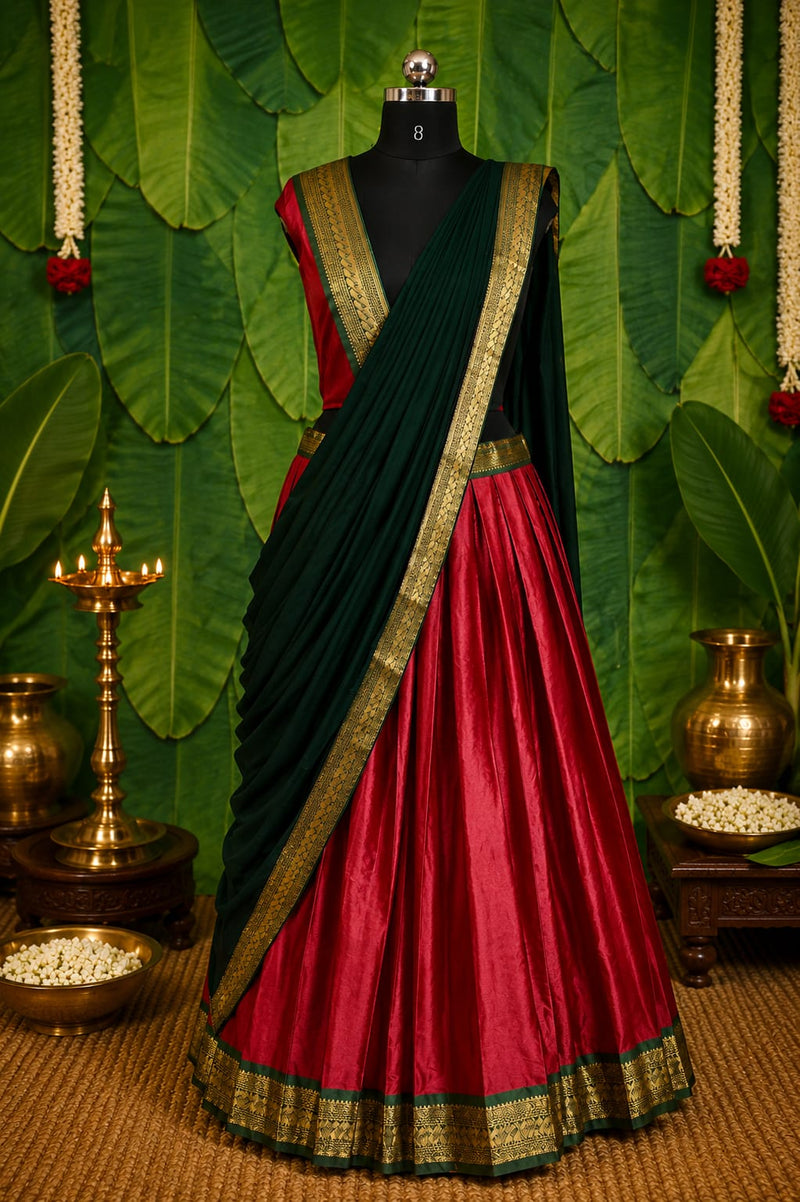 Kerala Half Saree Set for Women | Green & Red Traditional South Indian Half Saree | Ready to Wear Skirt Dupatta | Unstitched Blouse Piece