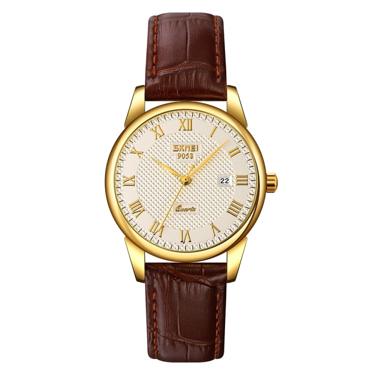 SKMEI 9058 Multifunctional Outdoor Fashion Waterproof Gold Shell Quartz Wrist Watch, Women Style Black Face Black Strap, Women Style Silver Face Brown Strap, Women Style Gold Face Brown Strap, Men Style Silver Face Brown Strap...
