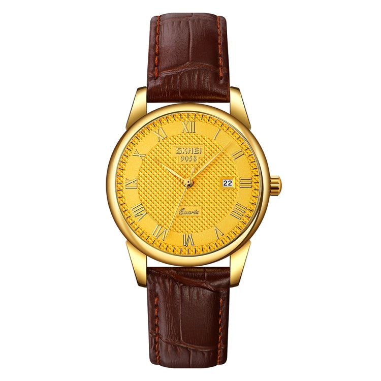 SKMEI 9058 Multifunctional Outdoor Fashion Waterproof Gold Shell Quartz Wrist Watch, Women Style Black Face Black Strap, Women Style Silver Face Brown Strap, Women Style Gold Face Brown Strap, Men Style Silver Face Brown Strap...