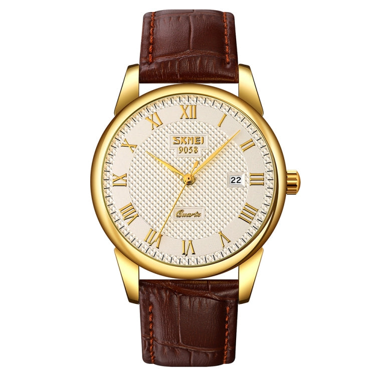 SKMEI 9058 Multifunctional Outdoor Fashion Waterproof Gold Shell Quartz Wrist Watch, Women Style Black Face Black Strap, Women Style Silver Face Brown Strap, Women Style Gold Face Brown Strap, Men Style Silver Face Brown Strap...