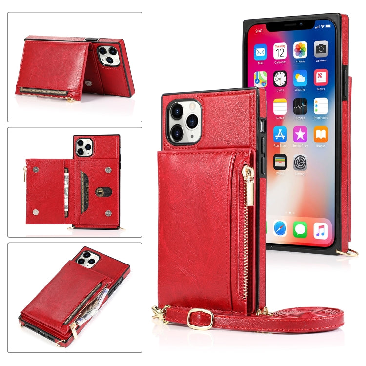Square Zipper Wallet Bag TPU+PU Back Cover Case with Holder & Card Slots & Wallet & Cross-body Strap, For iPhone 8 Plus / 7 Plus, For iPhone 11, For iPhone 11 Pro, For iPhone 11 Pro Max, For iPhone SE 2022 / SE 2020 / 8 / 7, For iPhone XR              ...