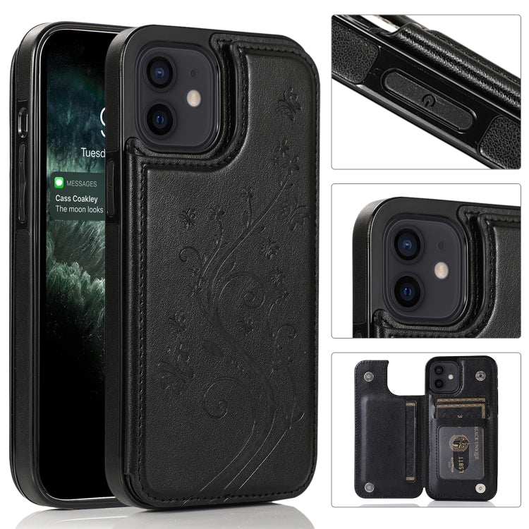 Butterflies Flowers Double Buckle PU + TPU Protective Case with Holder & Card Slots & Photo Frame, For iPhone 12 mini, For iPhone 12 / 12 Pro