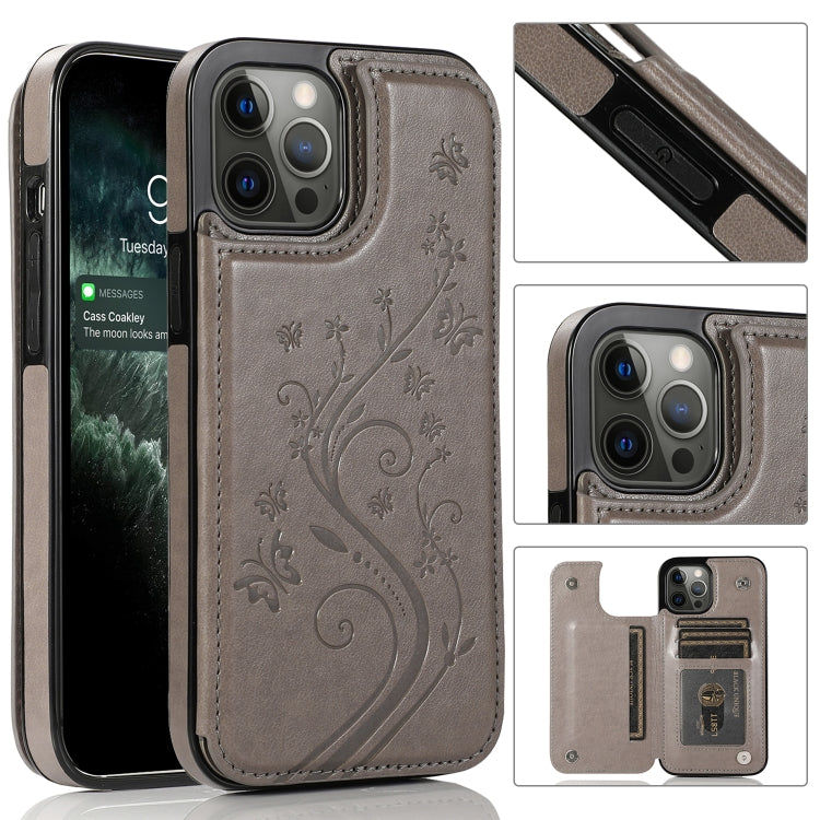 Butterflies Flowers Double Buckle PU + TPU Protective Case with Holder & Card Slots & Photo Frame, For iPhone 12 Pro Max