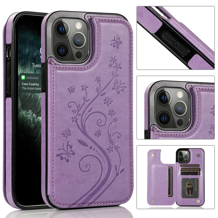 Butterflies Flowers Double Buckle PU + TPU Protective Case with Holder & Card Slots & Photo Frame, For iPhone 12 Pro Max