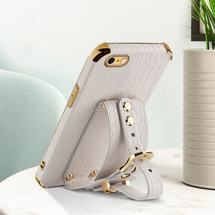 Electroplated TPU Crocodile Pattern Leather Case with Wrist Strap, For iPhone 6, For iPhone SE 2022 / SE 2020 / 8 / 7, For iPhone 8 Plus / 7 Plus, For iPhone XS / X