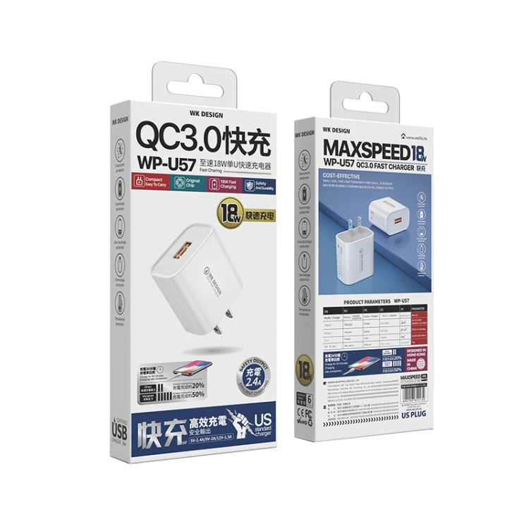WK WP-U57 Max 18W Maxspeed QC3.0 Fast Charger + USB to 8 Pin Data Cable, US Plug, EU Plug