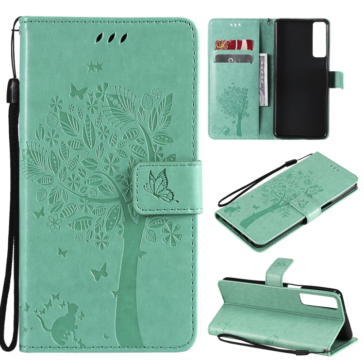 Tree & Cat Pattern Pressed Printing Horizontal Flip PU Leather Case with Holder & Card Slots & Wallet & Lanyard, For Samsung Galaxy A32 4G, For Samsung Galaxy S21 FE