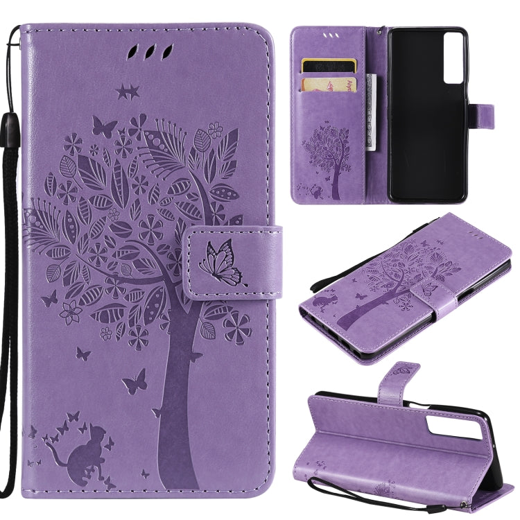 Tree & Cat Pattern Pressed Printing Horizontal Flip PU Leather Case with Holder & Card Slots & Wallet & Lanyard, For Samsung Galaxy A32 4G, For Samsung Galaxy S21 FE