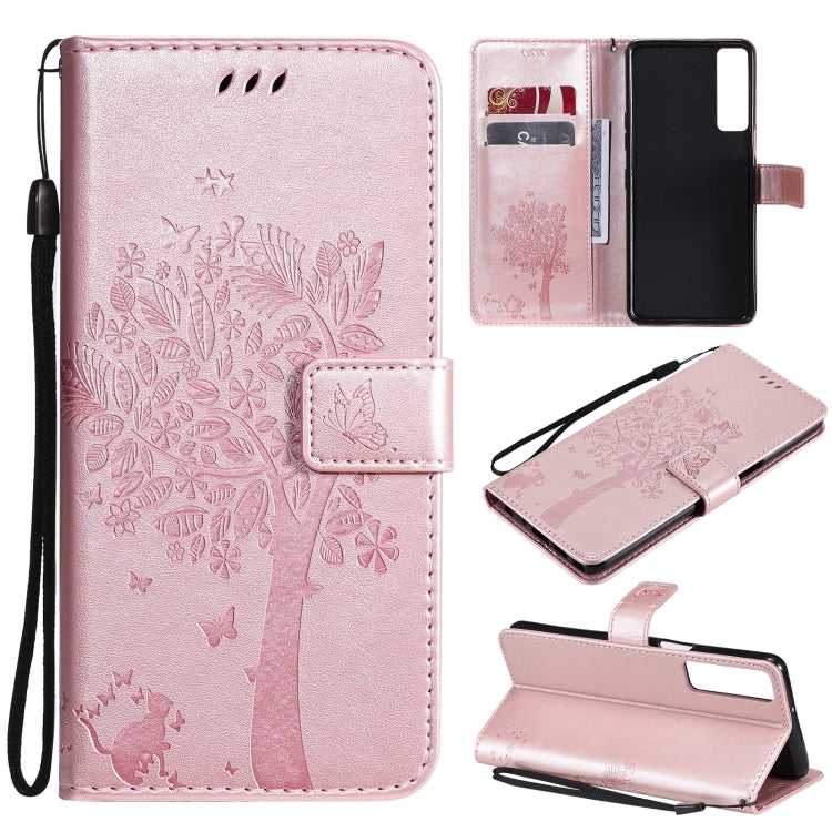 Tree & Cat Pattern Pressed Printing Horizontal Flip PU Leather Case with Holder & Card Slots & Wallet & Lanyard, For Samsung Galaxy A32 4G, For Samsung Galaxy S21 FE