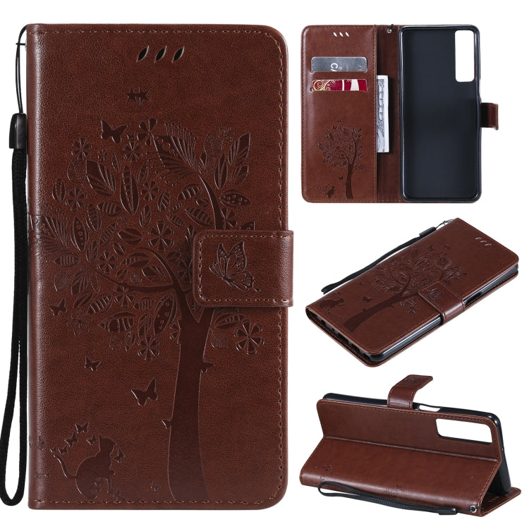 Tree & Cat Pattern Pressed Printing Horizontal Flip PU Leather Case with Holder & Card Slots & Wallet & Lanyard, For Samsung Galaxy A32 4G, For Samsung Galaxy S21 FE