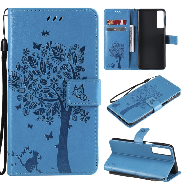 Tree & Cat Pattern Pressed Printing Horizontal Flip PU Leather Case with Holder & Card Slots & Wallet & Lanyard, For Samsung Galaxy A32 4G, For Samsung Galaxy S21 FE