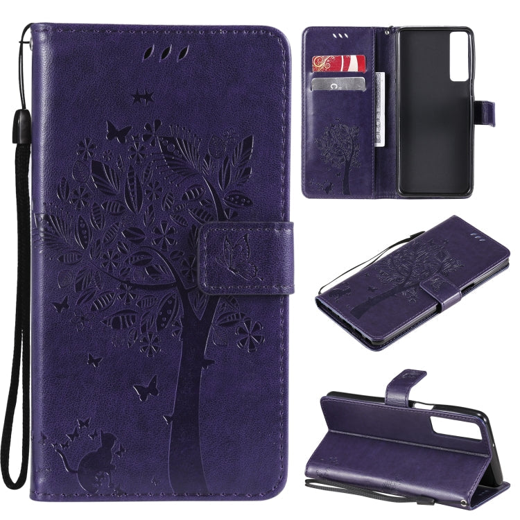 Tree & Cat Pattern Pressed Printing Horizontal Flip PU Leather Case with Holder & Card Slots & Wallet & Lanyard, For Samsung Galaxy A32 4G, For Samsung Galaxy S21 FE