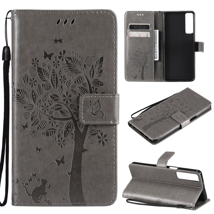 Tree & Cat Pattern Pressed Printing Horizontal Flip PU Leather Case with Holder & Card Slots & Wallet & Lanyard, For Samsung Galaxy A32 4G, For Samsung Galaxy S21 FE