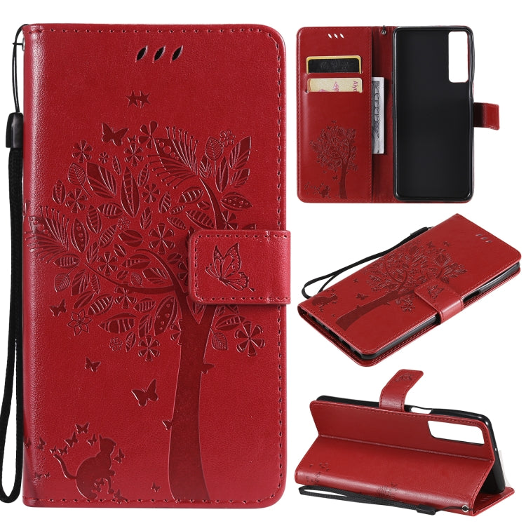 Tree & Cat Pattern Pressed Printing Horizontal Flip PU Leather Case with Holder & Card Slots & Wallet & Lanyard, For Samsung Galaxy A32 4G, For Samsung Galaxy S21 FE