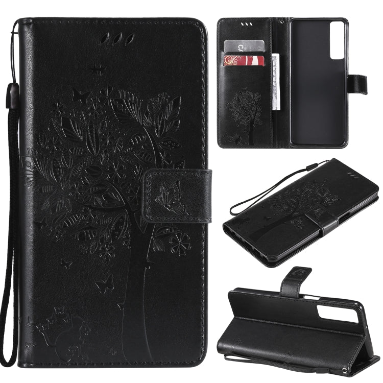 Tree & Cat Pattern Pressed Printing Horizontal Flip PU Leather Case with Holder & Card Slots & Wallet & Lanyard, For Samsung Galaxy A32 4G, For Samsung Galaxy S21 FE