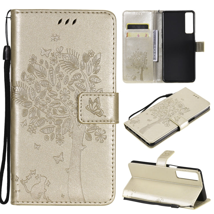 Tree & Cat Pattern Pressed Printing Horizontal Flip PU Leather Case with Holder & Card Slots & Wallet & Lanyard, For Samsung Galaxy A32 4G, For Samsung Galaxy S21 FE