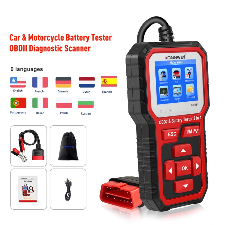 KONNWEI KW681 Car 2.4 inch TFT Screen OBD Fault Diagnosis + 6V-12V Battery Tester Support 9 Languages, KW681