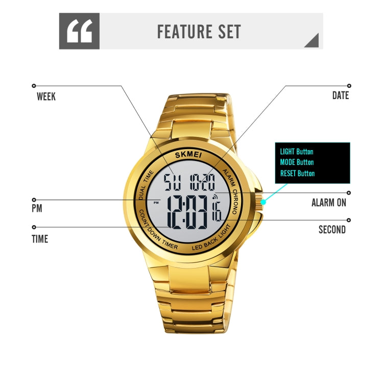 SKMEI 1712 Dual Time LED Digital Display Luminous Stainless Steel Strap Electronic Watch