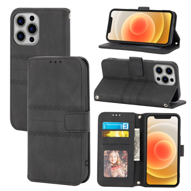 Embossed Striped Magnetic Buckle PU + TPU Horizontal Flip Leather Case with Holder & Card Slot & Wallet & Photo Frame & Sling, For iPhone 13 mini, For iPhone 13, For iPhone 13 Pro, For iPhone 13 Pro Max