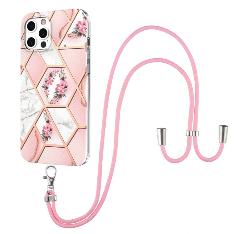 Electroplating Splicing Marble Flower Pattern TPU Shockproof Case with Lanyard, For iPhone 13 mini, For iPhone 13, For iPhone 13 Pro, For iPhone 13 Pro Max, For iPhone 12 mini, For iPhone 12 / 12 Pro