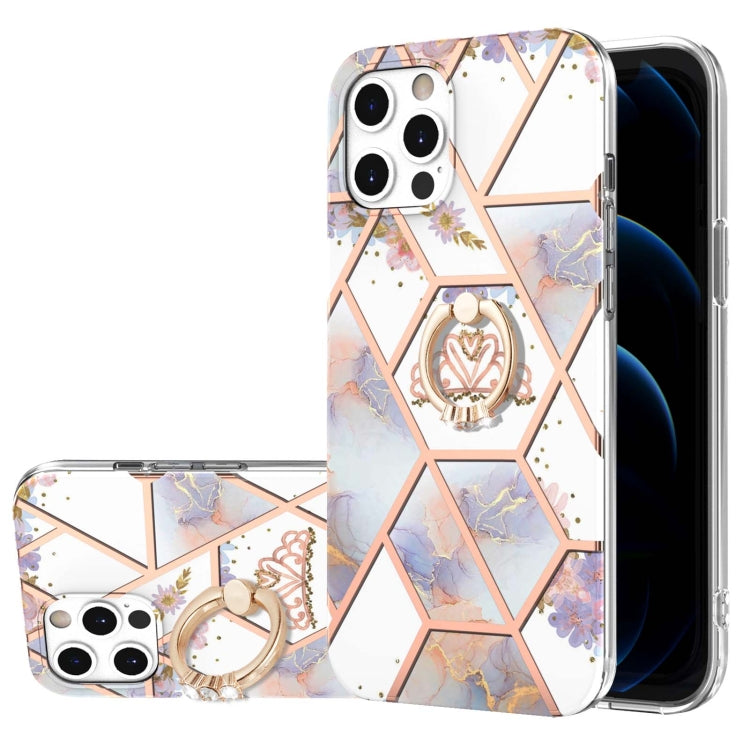 Electroplating Splicing Marble Flower Pattern TPU Shockproof Case with Rhinestone Ring Holder, For iPhone 12 Pro Max, For iPhone 11, For iPhone 11 Pro, For iPhone 11 Pro Max, For iPhone X / XS, For iPhone XR